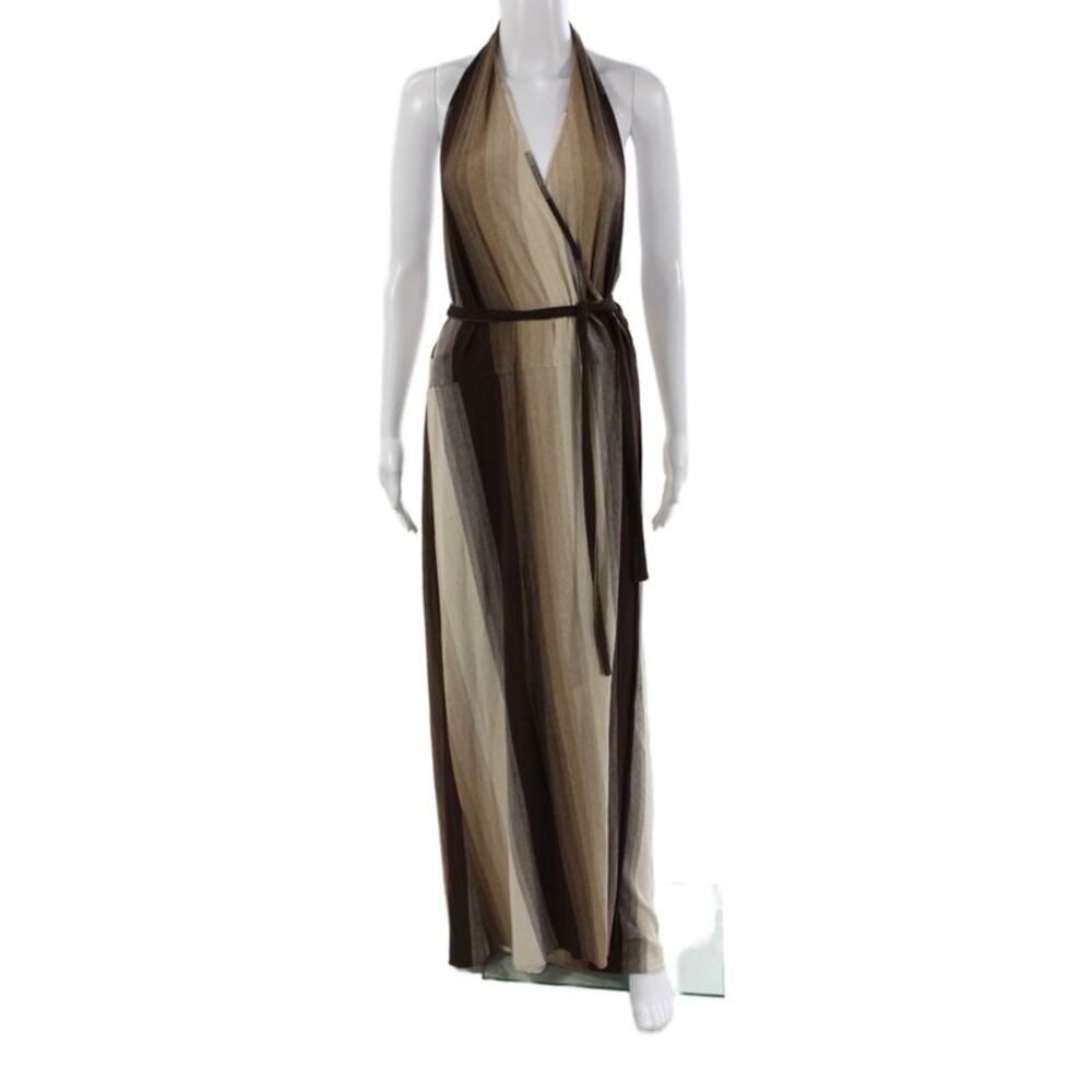 Alice + Olivia Women Beige Striped V-Neck Sleeveless Maxi Wrap Dress Size S